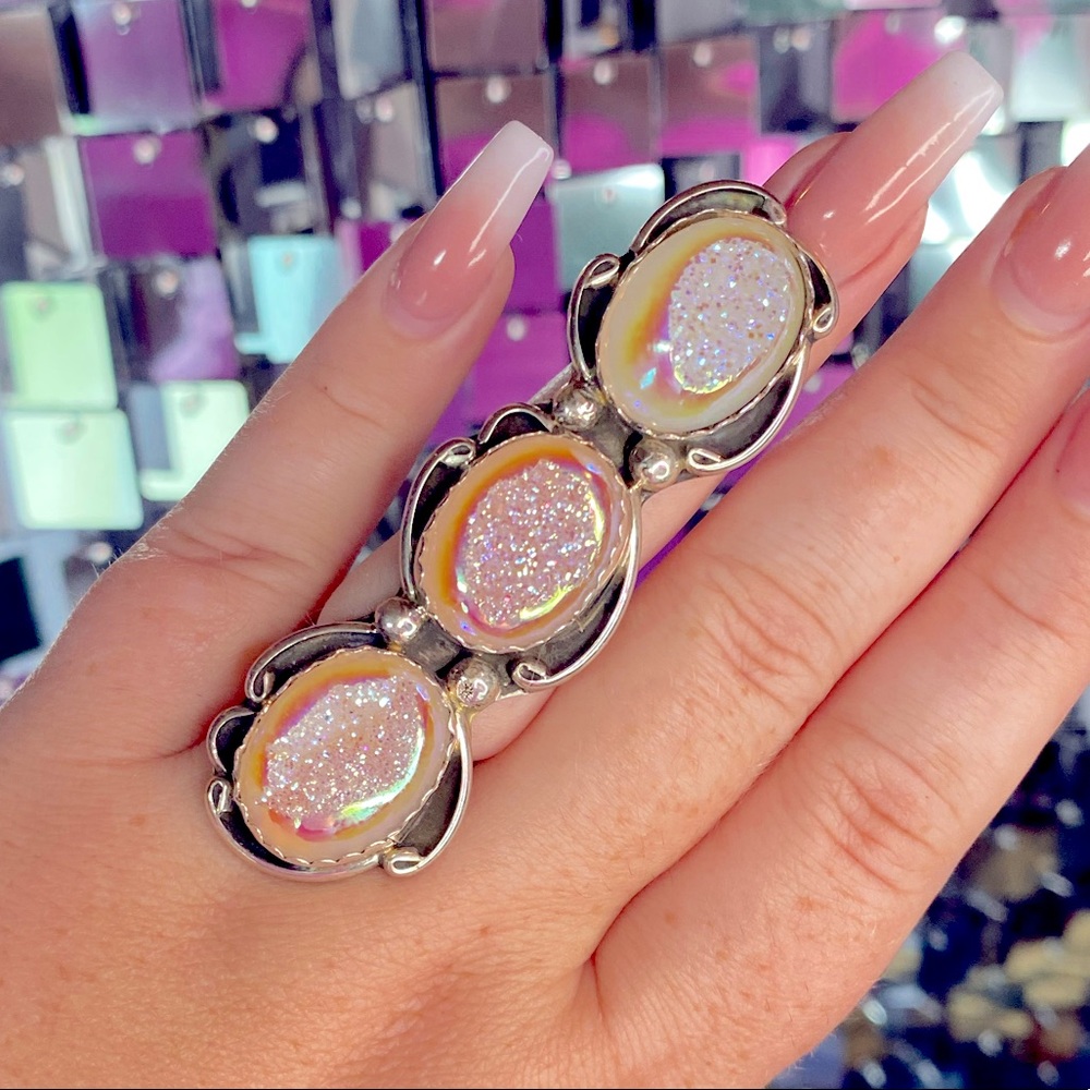M&S Triple Stack Opal Druzy “Snow” Ring On Sterling Band